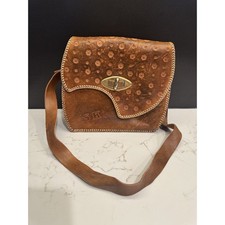 Vintage Hand Tooled Leather Purse Handbag Embossed SK Floral Crossbody Bag