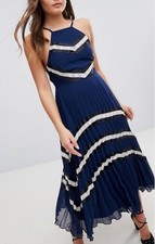 Asos US 8 Dress Pleated Midi Halter Partial Open Back Navy With Lace Trim