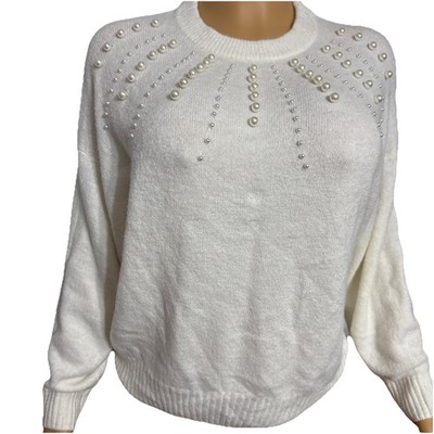 H&M casual Sportswear Women s Ivory Round Neck Long Sleeve with pearls Sweater M