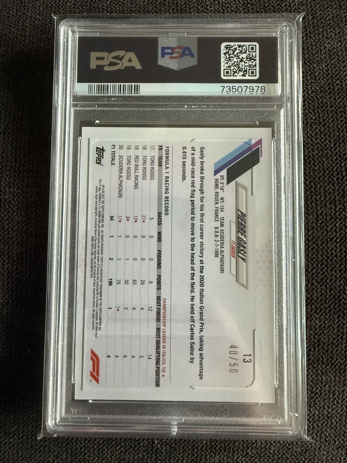 2021 Topps Chrome Formula 1 - F1 Racers Pierre Gasly #13 Gold Refractor PSA 8 view 2