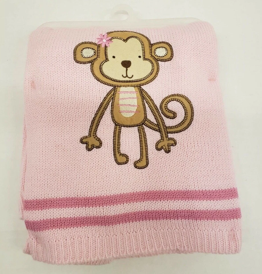 Pink Knitted Baby Blanket with Embroided Monkey  - Image 1 of 1