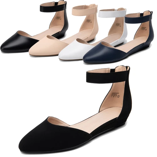 Women's Low Wedge Ankle Strap Flats Shoes Classic Office Work Flat Shoes