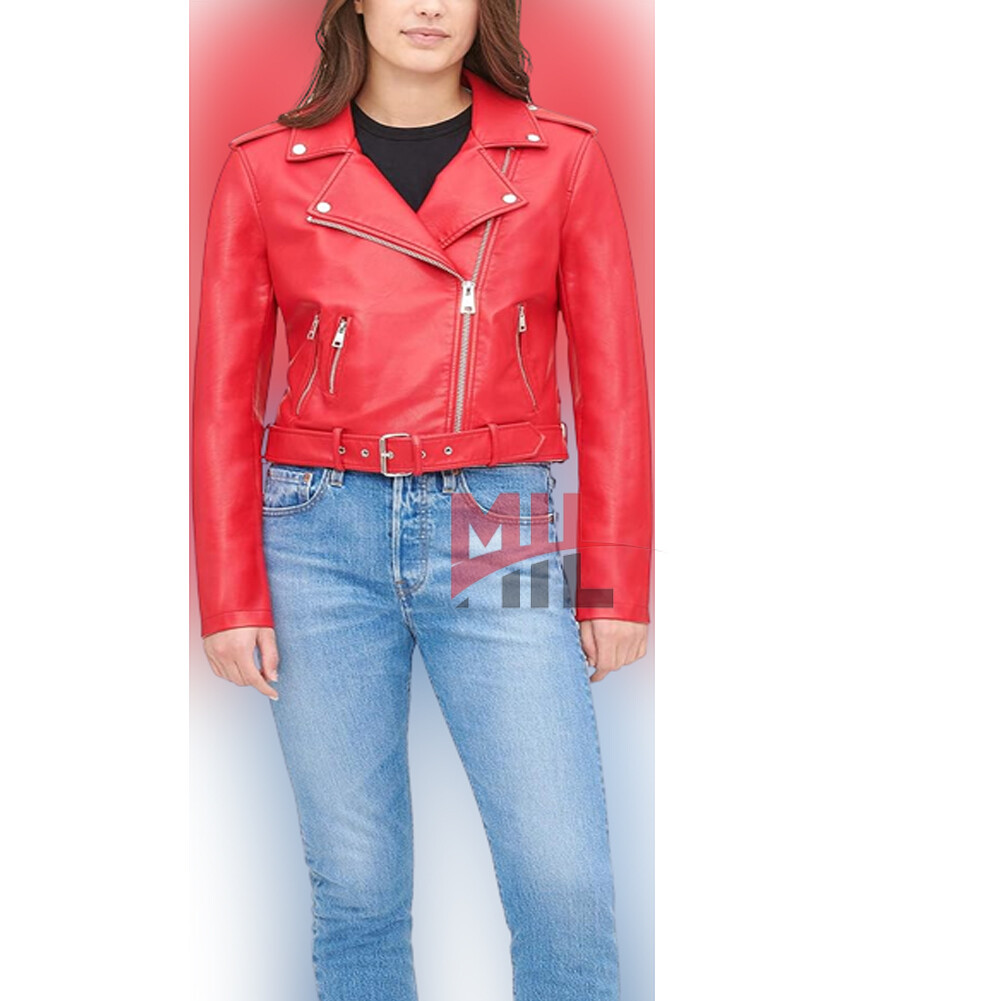 Handmade Women Red Side Zipper Style Genuine Leather Jacket With Belt