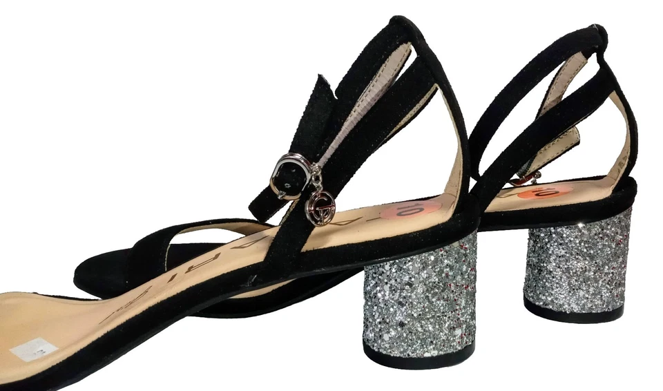 Tahari Girl Womens Caitie Sz 10 Heeled Black/Silver Sandals ROUND Glitter Heels - Image 4 of 4