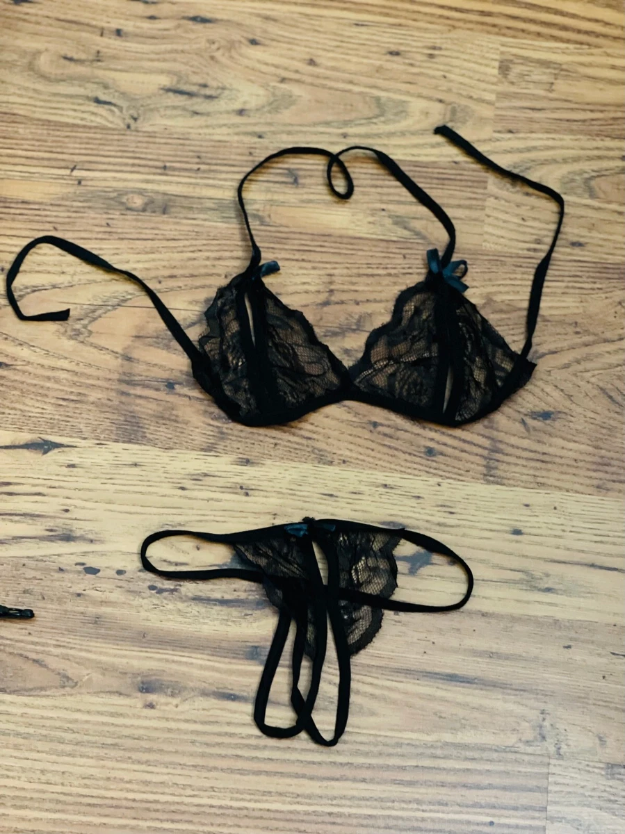 Black lace Sexy Open Crotch Panties Peephole Bra Set Lingerie small 8/10