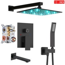 Black Shower Faucet Set 12'' Rainfall Head Combo Kit Tub Filler with Mixer Valve