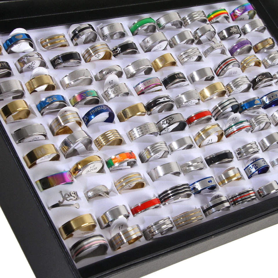 Restposten Edelstahl Ringe mit Display Fingerring 100 Stk. Mix Schmuck Flohmarkt - Bild 3 von 4