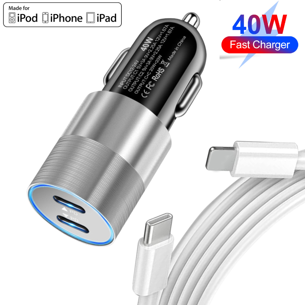 40W Dual USB-C Fast Car Charger Adapter PD Cable For iPhone 14 13 12 11 Pro  Max