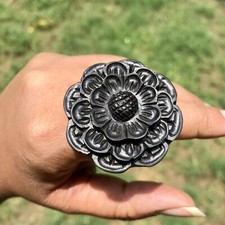 Ebony Wood Flower Carved Handmade Ring, 40 mm dia, US 9.25 Ring Size, D11