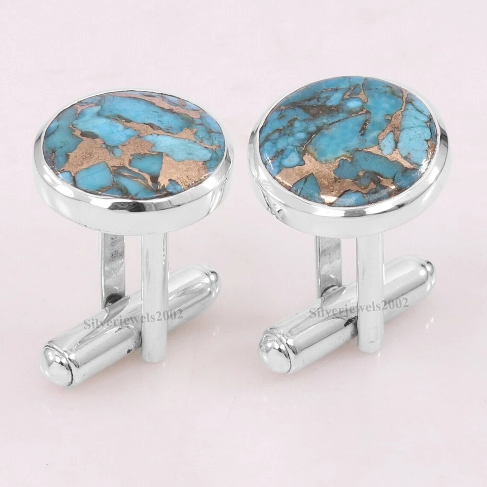 Amerikanisch Kupfer Türkis 925 Sterlingsilber Runde Manschettenknöpfe - Bild 3 von 4