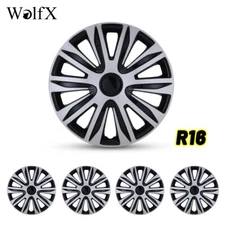 16" 4Pcs Black Silver Wheel Covers Snap On Full Hub Caps For R16 Car Tire & Rim