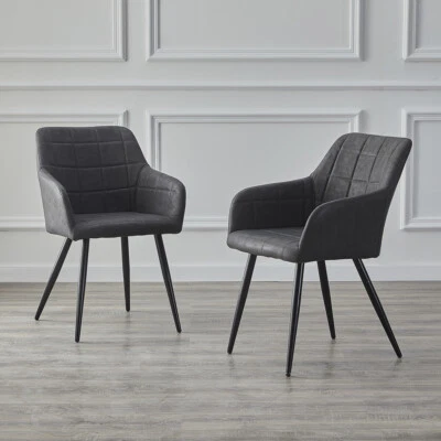 Pair of Faux Leather Dining Chairs PU Upholstered Metal Legs Tub Chair Dark Grey - Image 1 of 4
