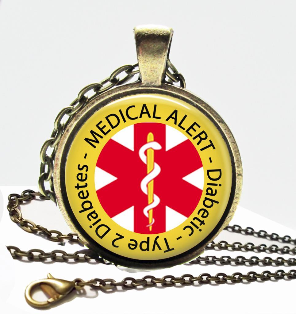Diabetic Type Diabetes Medical Alert Necklace Glass Top Bronze