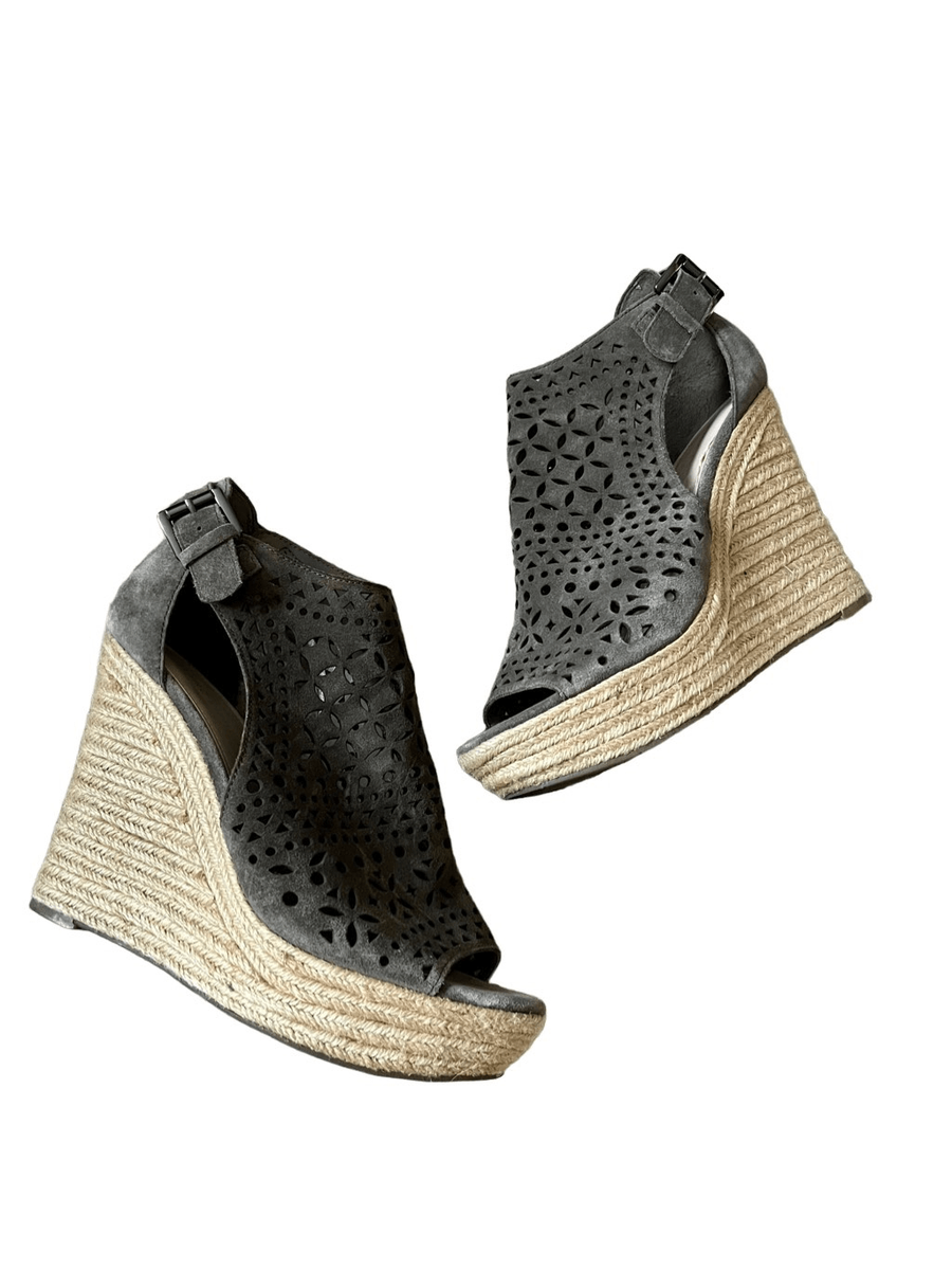 Marc Fisher Perforated Gray Espadrille Wedges Leather Suede Hasina