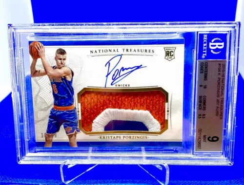 2015-16 National Treasures Kristaps Porzingis Rookie Patch AUTO RC /99 BGS 9
