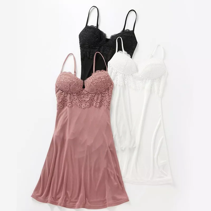 Women 100% Natural Silk Short Slip Dress Lace Cami built in Bra lips Night  Dress