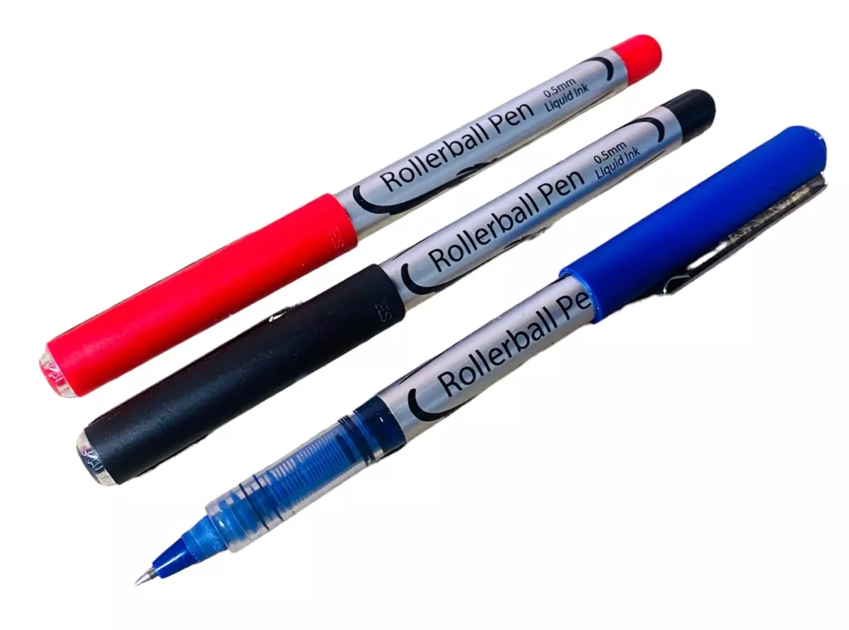 3 x Rollerball Tip Liquid Ink Pens Black Red Blue 0.5mm tip eBay
