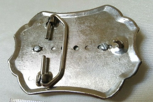 Silvertone & Black with Green White & Silver Inset Belt Buckle USA Used VG - Picture 5 of 6
