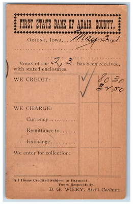 Orient Iowa IA Creston IA Postal Card First State Bank of Adair County 1901