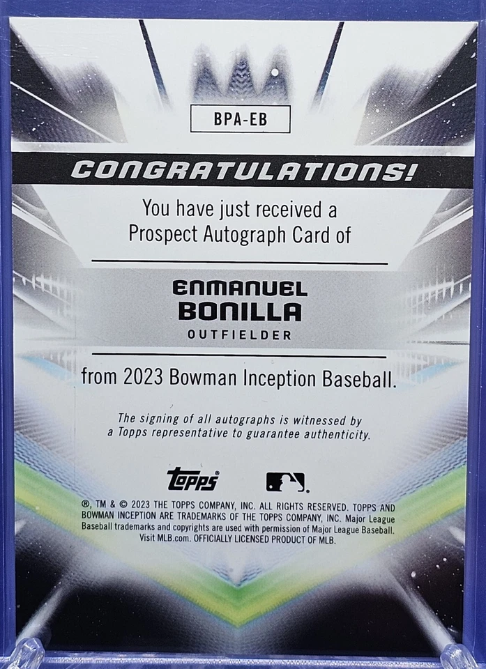 2023 Bowman Inception Enmanuel Bonilla Blue Jays Auto Fuchsia Foil 59/75 #BPA-EB - Image 2 of 2