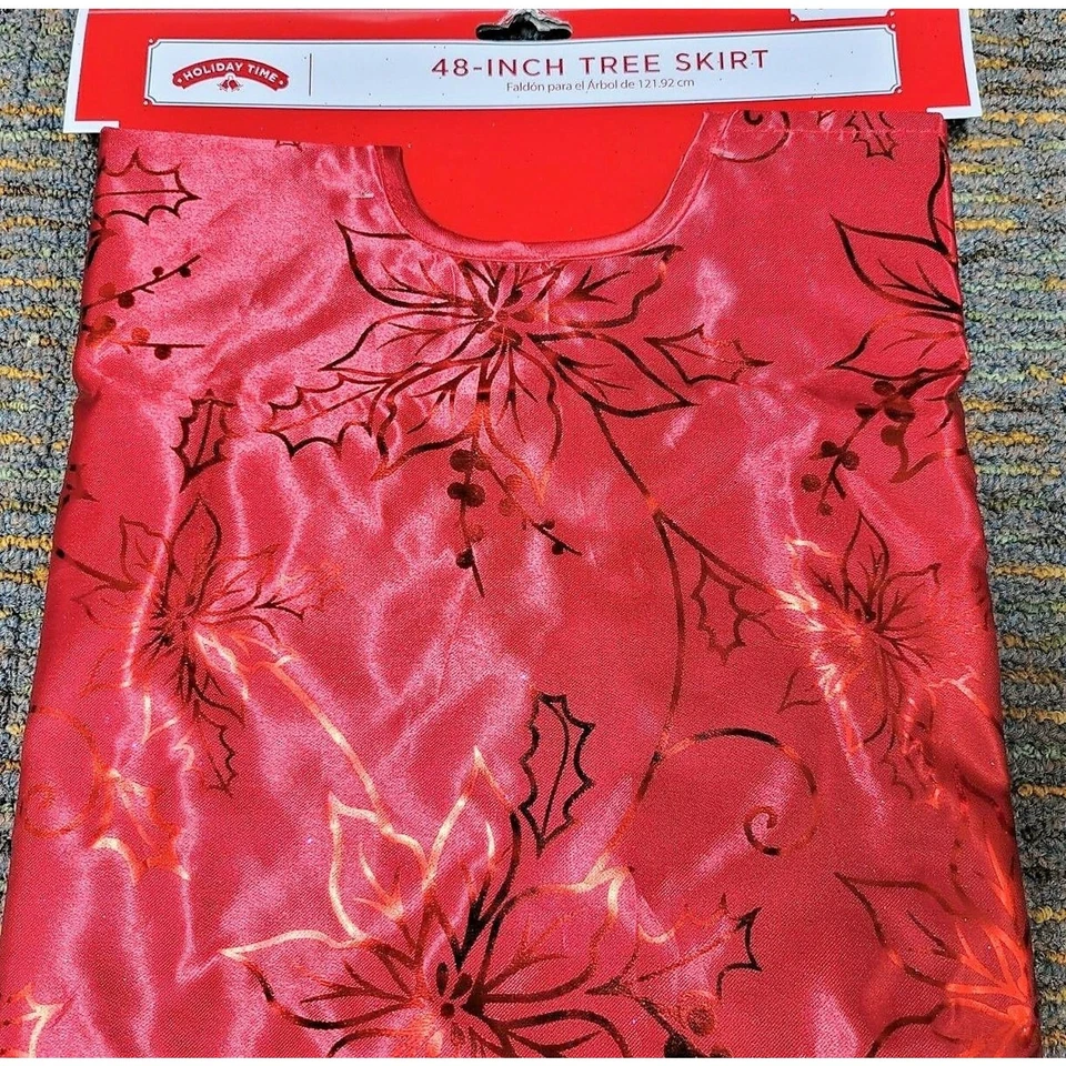 Holiday Time 48" Lámina Roja Poinsettia Cuerda Roja Borde Árbol de Navidad Falda - Nueva Foto 2 de 4