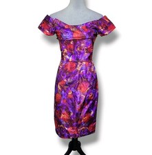 Janet Russo Vintage Off Shoulder Abstract Floral Taffeta Dress Size 4