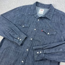 Levis Denim Western Pearl Snap Shirt Mens L Dark Blue Heavy Long Sleeve Cowboy