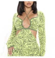 Fashion Nova LimeGreen/ Green Patterned Long Sleeve Dress