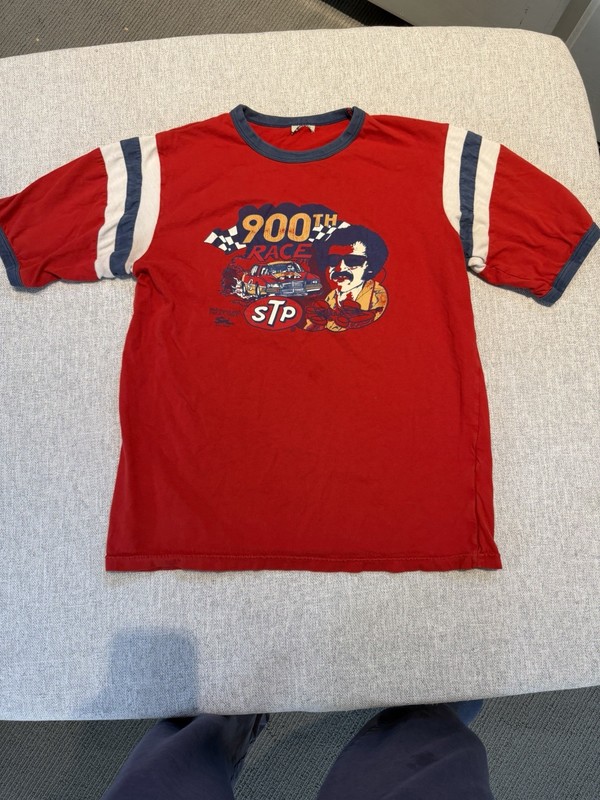 NASCAR STP 900th Race Red Ringer T-Shirt w/ Blue & White Sleeve Stripes