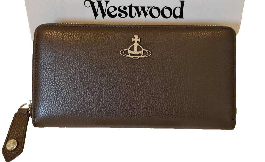 Vivienne Westwood Brown Leather Zip Around Jordan Orb Wallet Cards Coins New