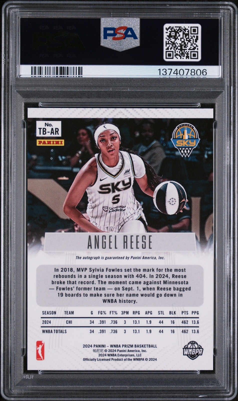 2024 PANINI PRIZM WNBA THROWBACK SIGNATURES #TBAR ANGEL REESE ROOKIE RC PSA 9 view 2