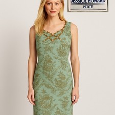 Jessica Howard Petite Women's Dress 6P Green Linen Blend Sleeveless Sheath