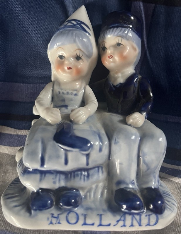 Vintage Holland Delft Blue & White Porcelain Figurine Boy Girl Seated on Bench