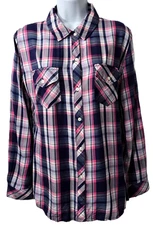 Rails Carmen Western Plaid Shirt S Button Front Double Flap Pocket Blue Pink
