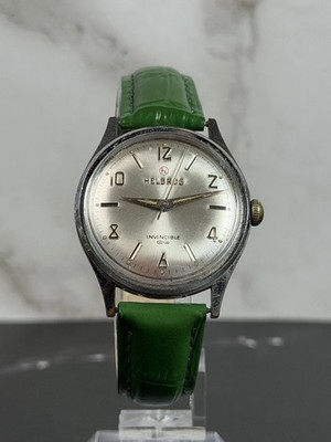 Vintage Helbros Invincible Manual Wind Watch Swiss Made Silver Dial Green Strap