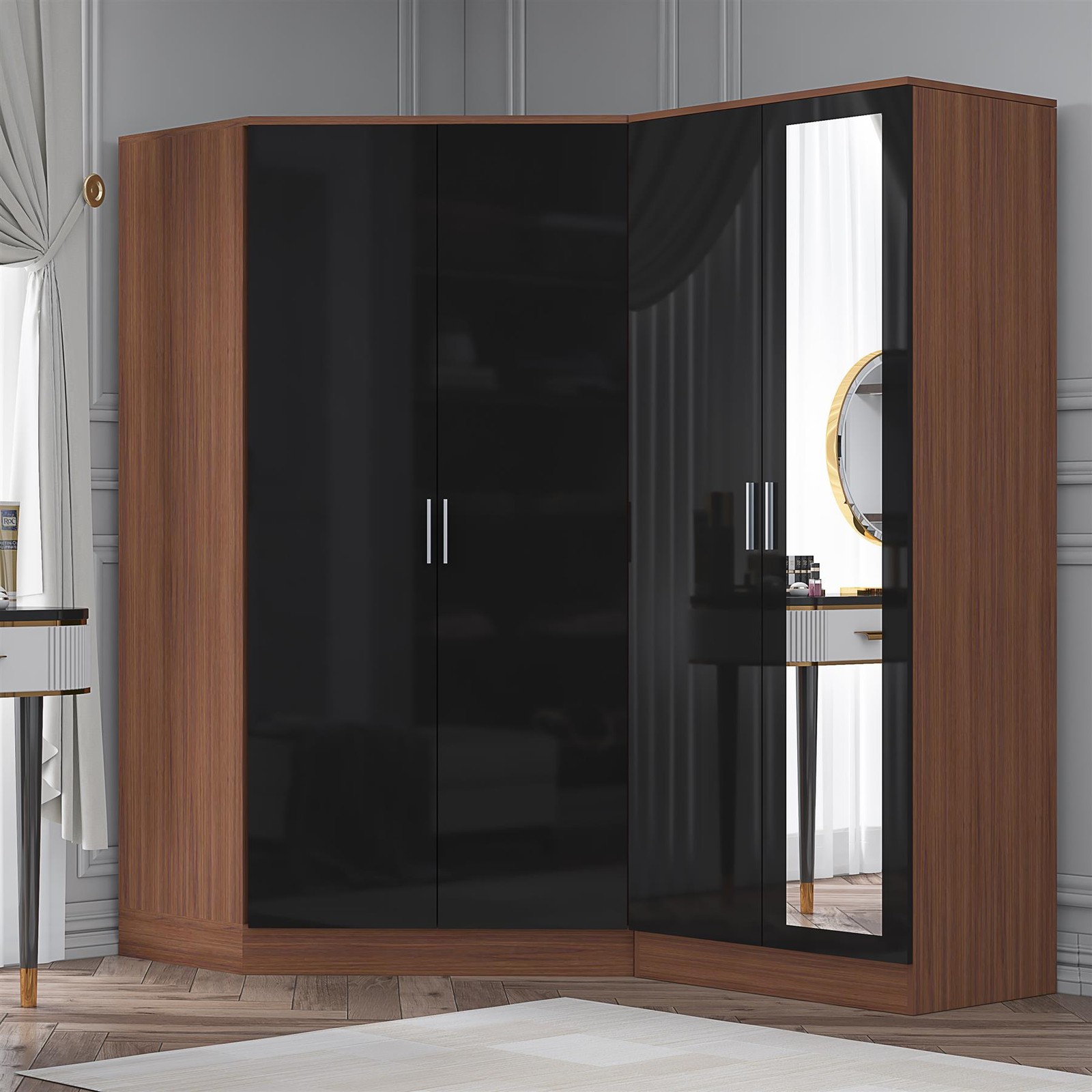 REFLECT Corner + 2 Door Mirror Wardrobes - Black Gloss / Walnut Matt Finish