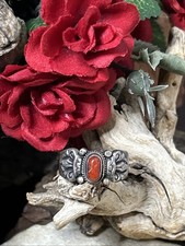 47. Vintage Tibetan 925 Sterling Red Coral Swirl Floral Sides Ring 10s, 4g