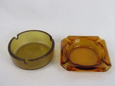 Vintage Glass Ashtray Pair (2)-Round & Square-Amber & Yellow-Green-EUC