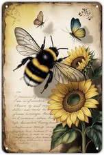 Bumble Bee and Sunflower Vintage Bee Tin Metal Signs Home D cor 8x12