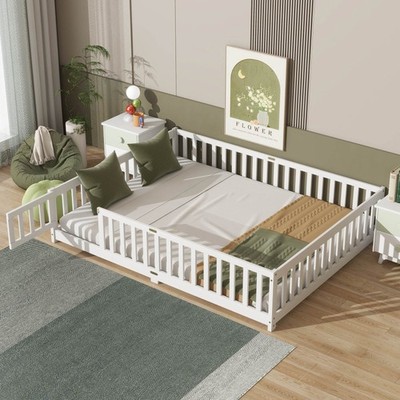 FUNIDEE Queen Size Floor Bed w/ Fence & Door, Wood Montessori Bed Frame White