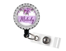 Personalized Bling Badge Reel With Purple Green Floral Design, 14B