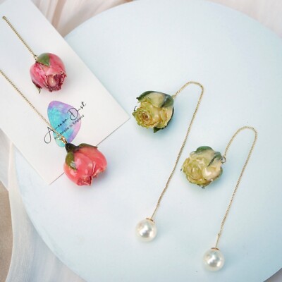 Echte Rosenblüten Ohrfäden in 18K Gold über massivem Sterlingsilber - 2 Farben