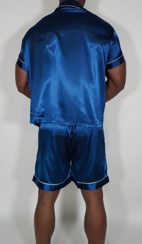 NEW MEN'S SATIN BLUE 2 PIECE PAJAMA SET (SIZE LARGE) - Picture 2 of 3