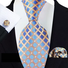 Classic Checks Blue Silver Jacquard Silk Men's Tie Necktie Hanky Cufflink Set