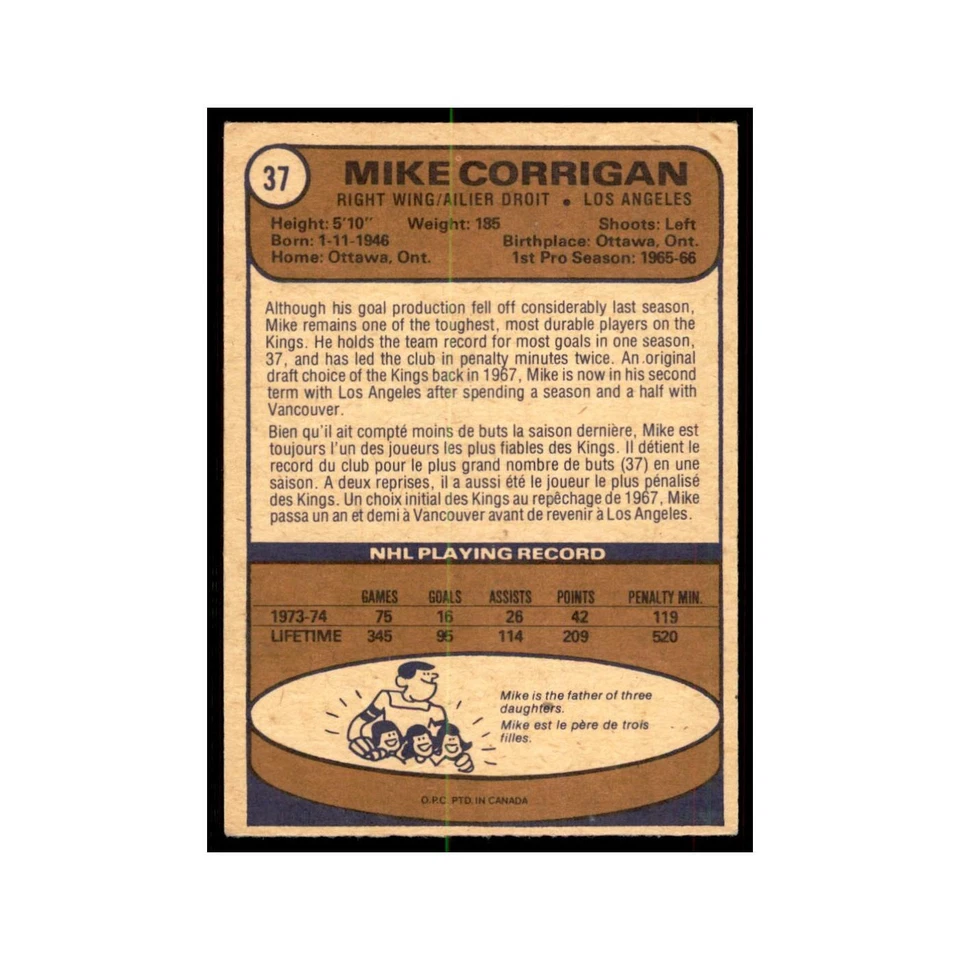 1974 O-Pee-Chee Mike Corrigan Los Angeles Kings #37 - Image 2 of 3