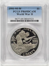 1991-1995-W (1993) World War II Silver Dollar $1 WWII PCGS PR69DCAM 28045523