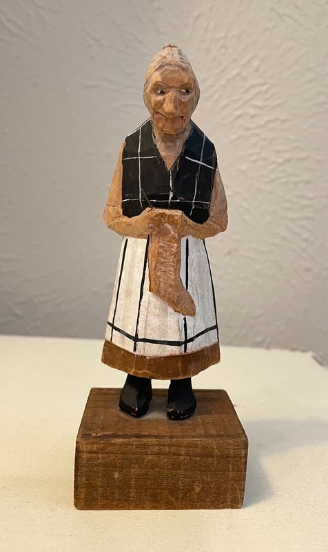 Vintage 5.5 Inch Signed Trygg Jr Hand Carved & Painted Old Woman Wooden