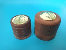 Vintage Satsuma Button Stamp Roll Dispenser and Pill Box with Bamboo Painting.