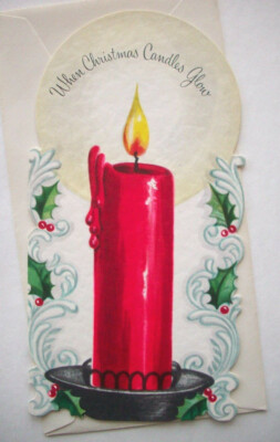 60's Candle holly border embossed vintage Christmas Greeting card UNUSED *E14 