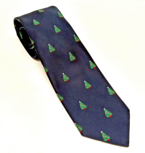 Robert Talbott Mens Necktie Silk Blend Navy Green Christmas Trees Classic Tie. - Picture 1 of 5
